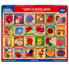 White Mountain What Flowers Mean puzzle box with vibrant floral collage inviting exploration