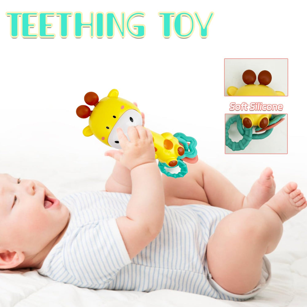 WHNKFB Bright Yellow Giraffe ear teether and rubber rings for soothing