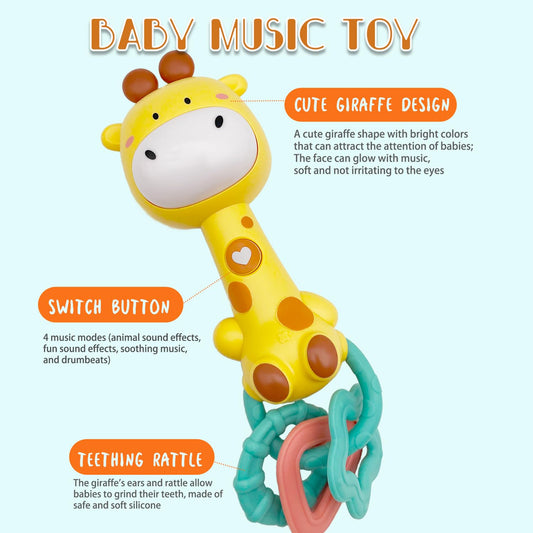 WHNKFB Bright Yellow Giraffe rattle held by baby's tiny hands