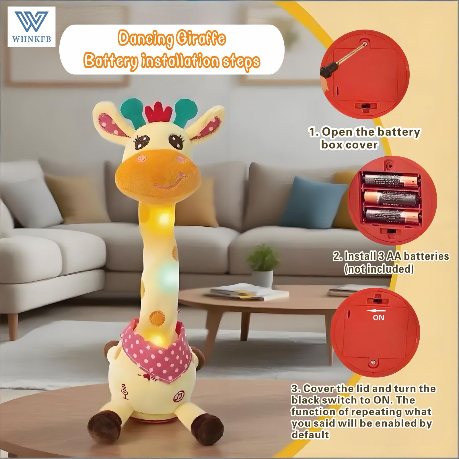 WHNKFB Giraffe plush with LED lights brightens playtime during songs.