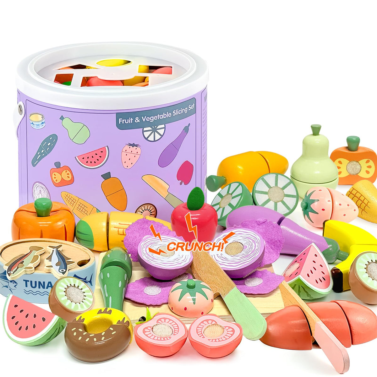 WHOHOLL 42-piece wooden play food set for imaginative kitchen play and learning
