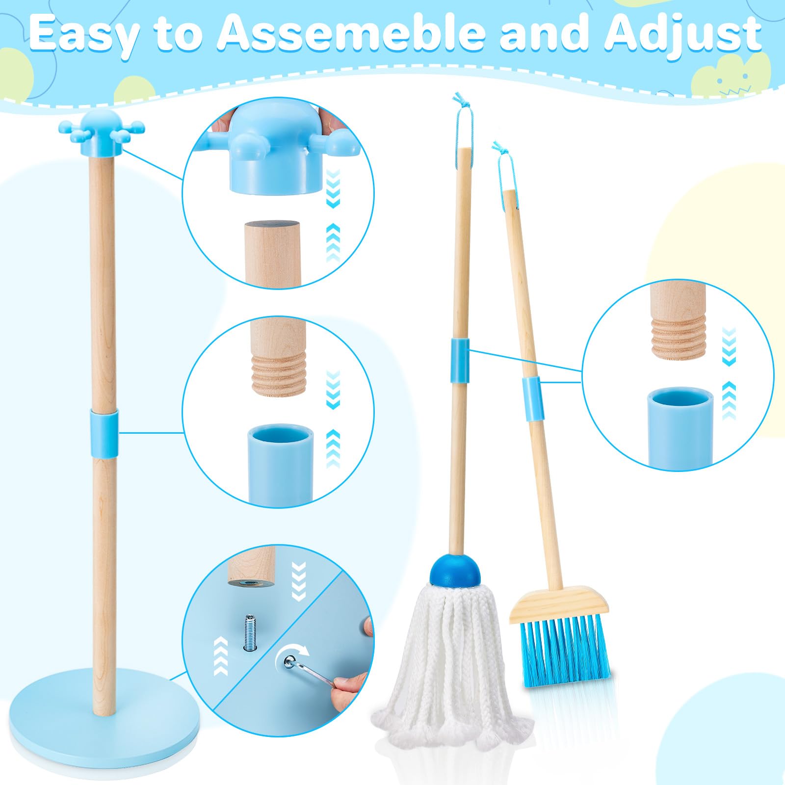 WHOHOLL wooden dustpan toy – easy storage helps kids learn tidying up after play.