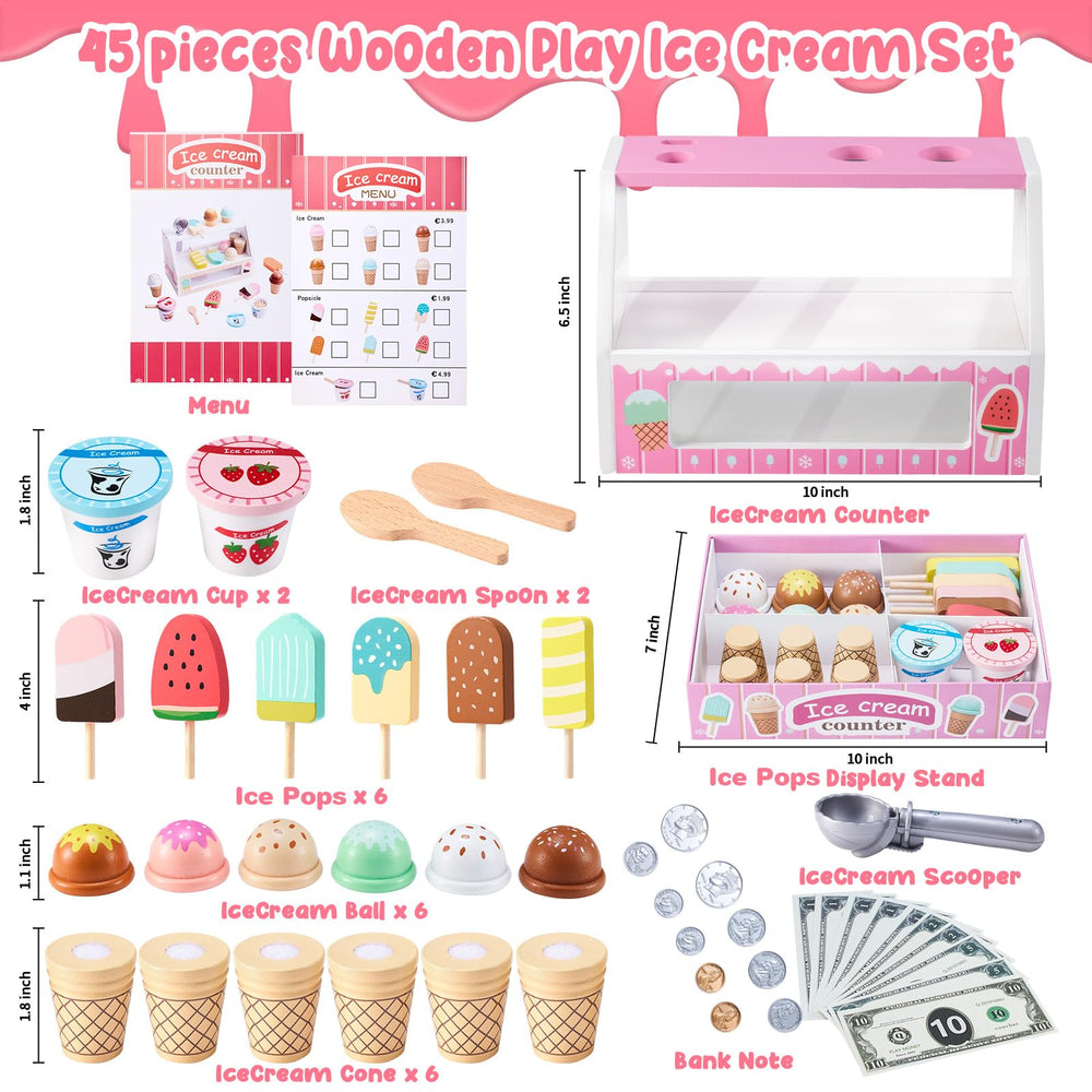 WHOHOLL wooden ice cream cone set pink sparks storytelling as tiny shop owner.