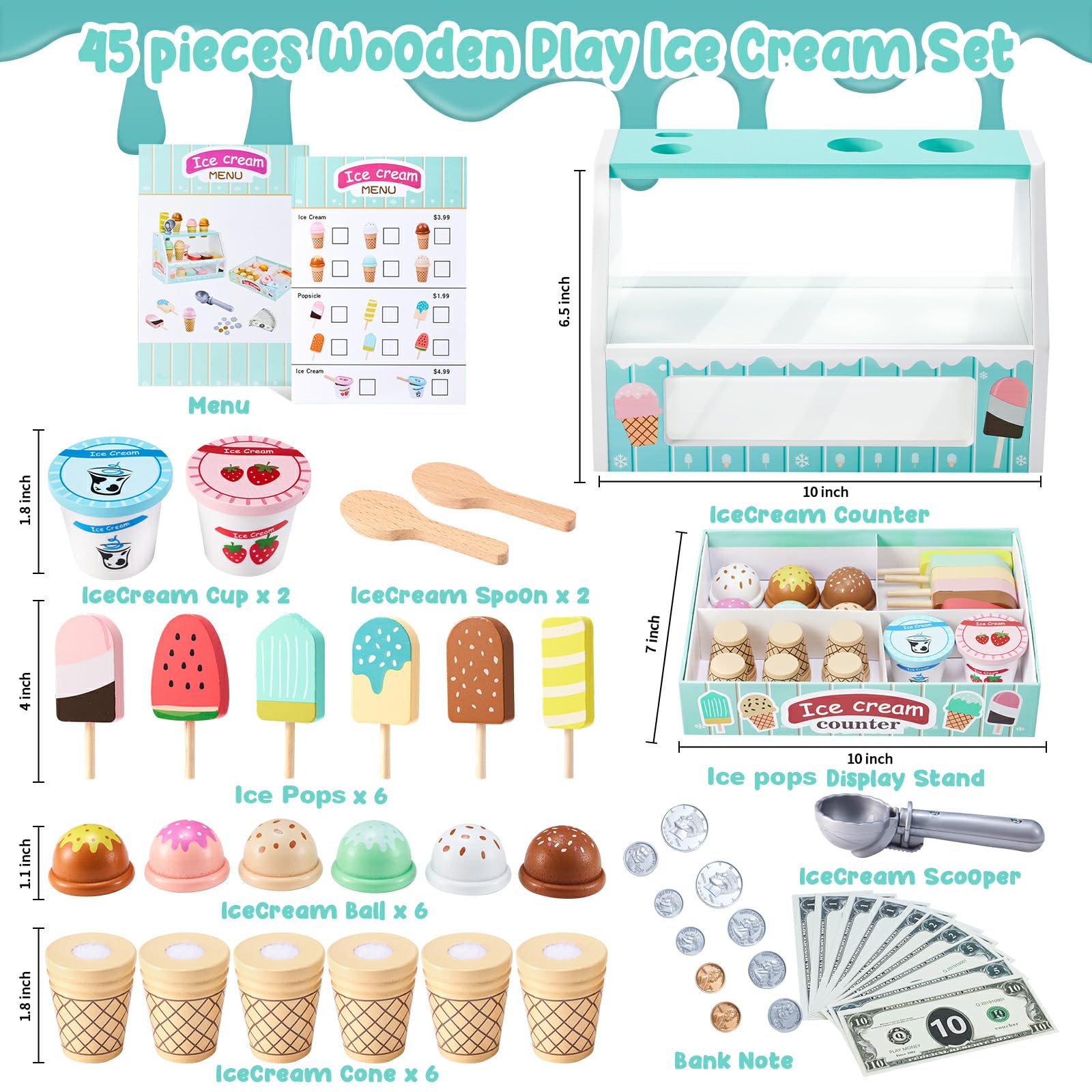 WHOHOLL six wooden ice cream cones for colorful pretend servings.