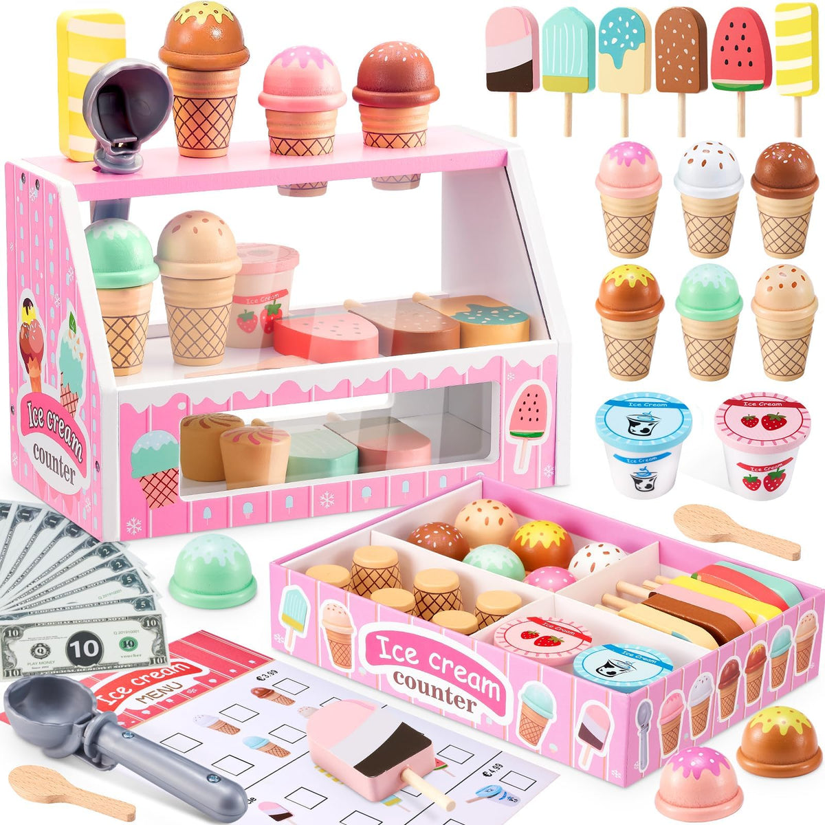 WHOHOLL wooden ice cream counter stand pink invites imaginative pretend-store play.