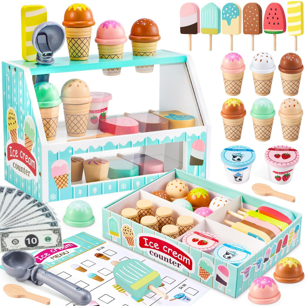 WHOHOLL wooden ice cream counter stand for durable imaginative play.