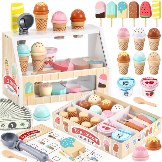 WHOHOLL wooden ice-cream counter with colorful scoops for imaginative play