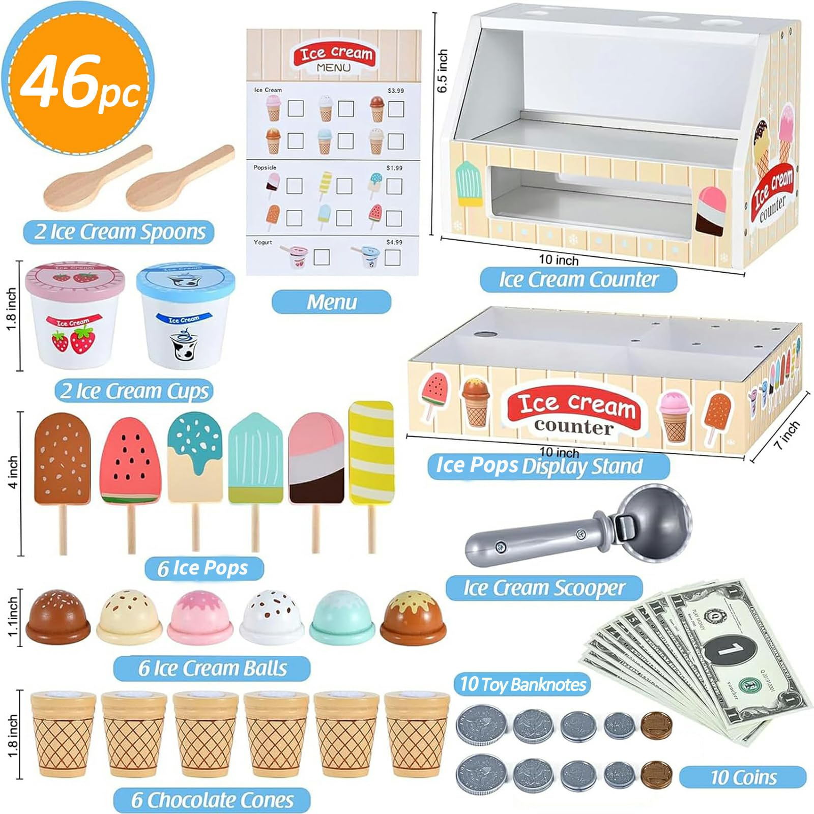 WHOHOLL wooden ice-cream scoops set boosts color recognition and fine motor skills