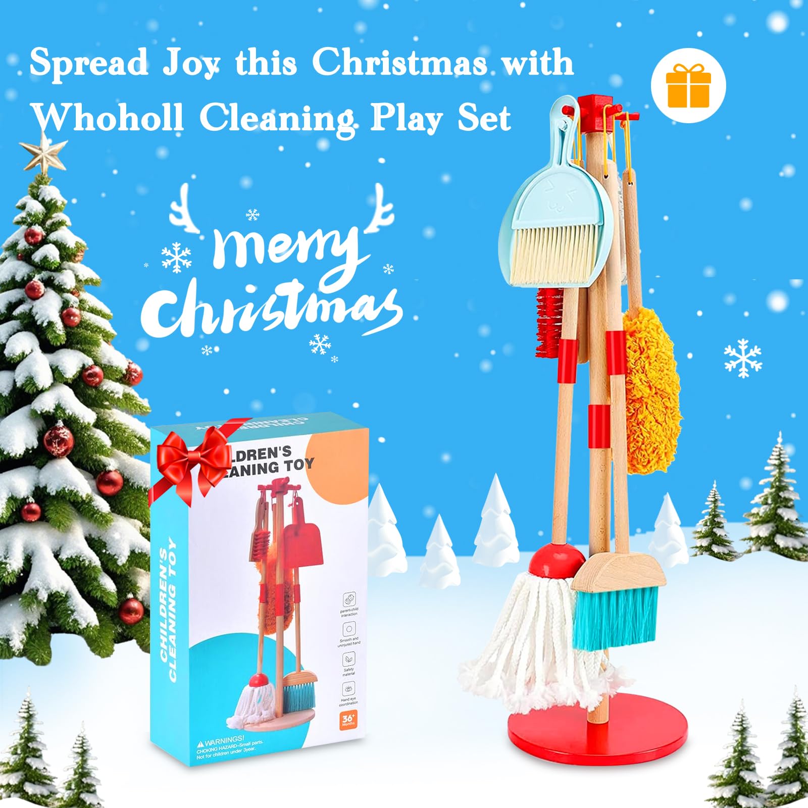 WHOHOLL wooden mop supports independent cleanup during playtime.