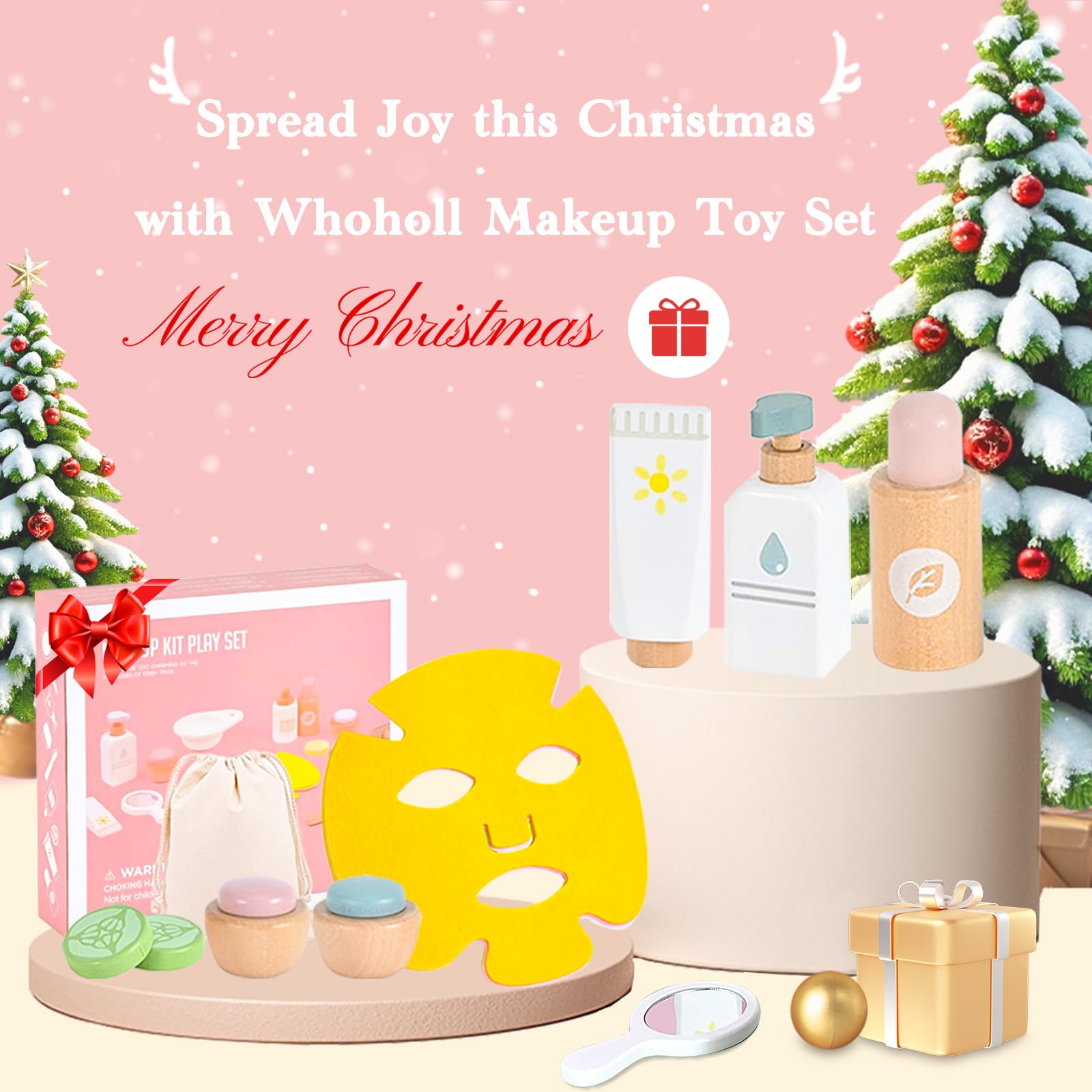 WHOHOLL wooden makeup toy set face creams clearly displayed for imaginative skincare