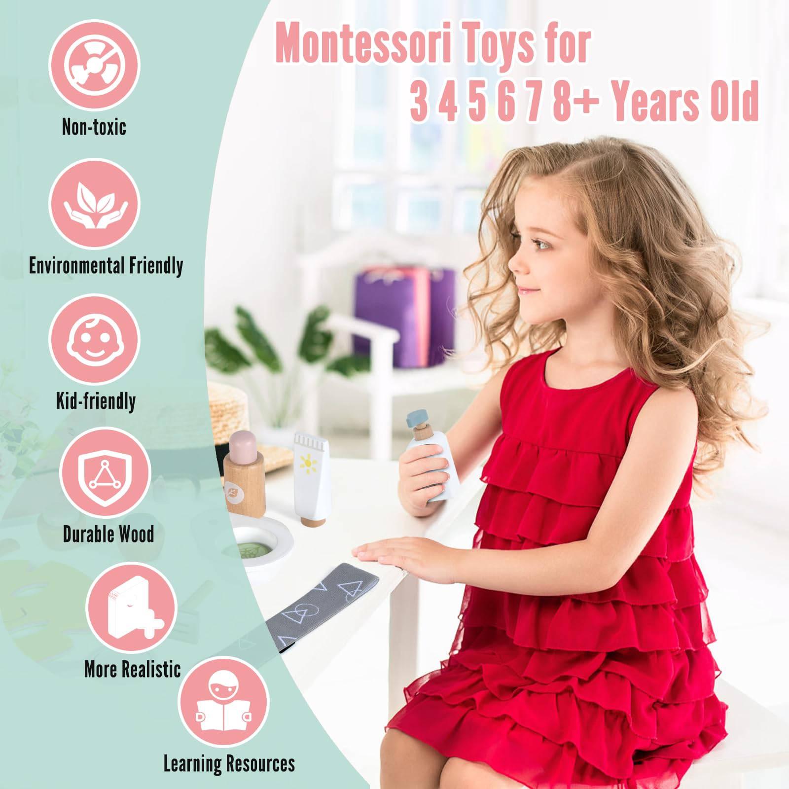 WHOHOLL wooden makeup toy set facial toner for calm imaginative routines