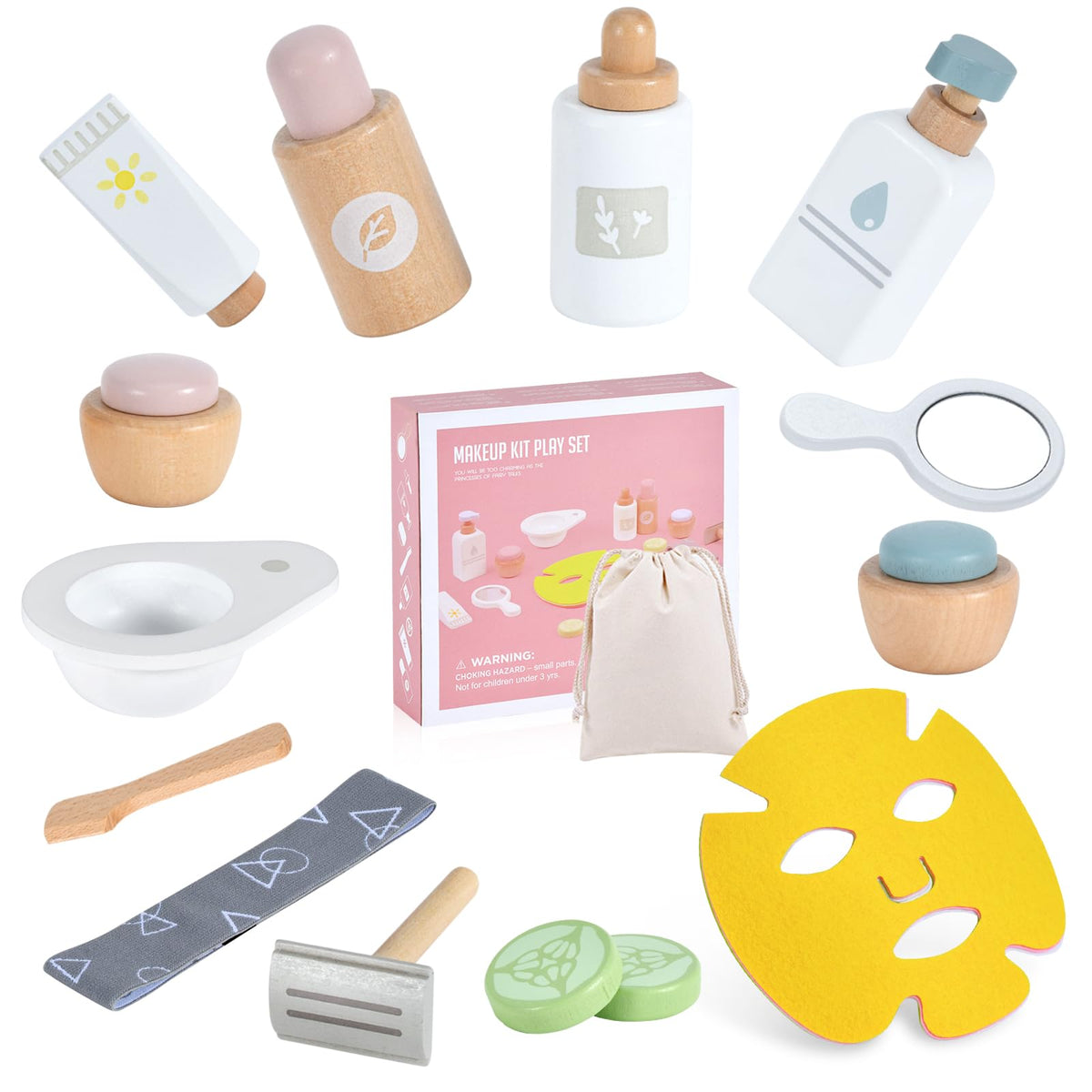 WHOHOLL wooden makeup toy set mirror for pretend beauty play and self care