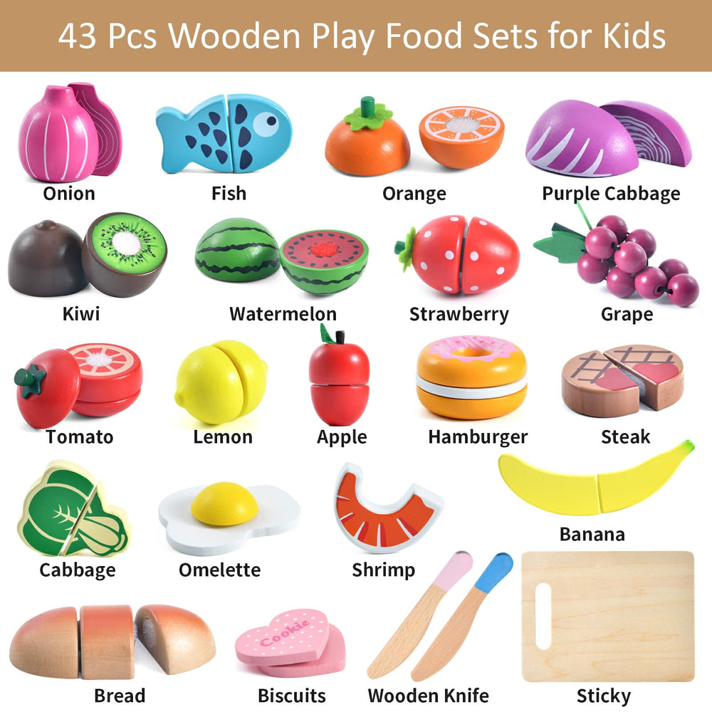 WHOHOLL wooden play food fruits for colorful pretend cooking and color recognition.