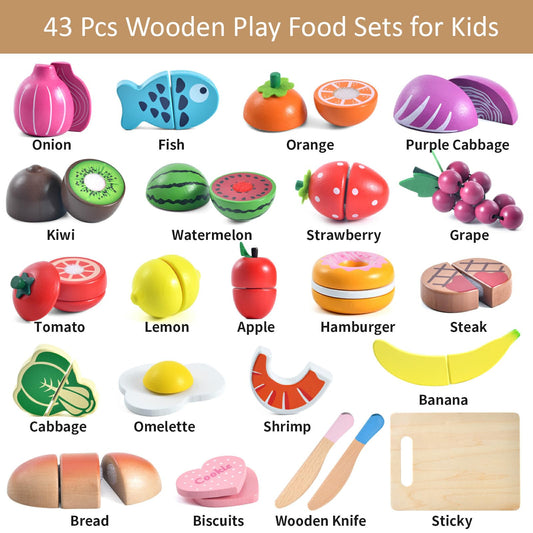 WHOHOLL wooden play food fruits for colorful pretend cooking and color recognition.