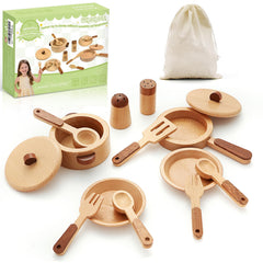 WHOHOLL wooden pot and pan set for toddlers encourages creative pretend cooking and fine motor skills.