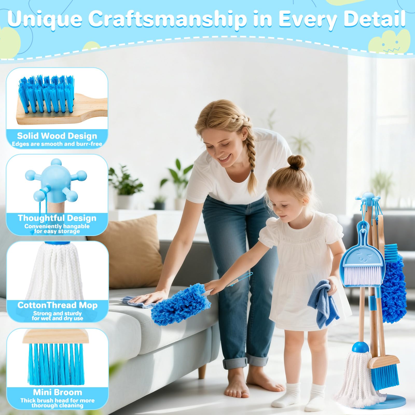WHOHOLL wooden sponge toy – absorbent feel inspires realistic cleaning tasks during playtime.