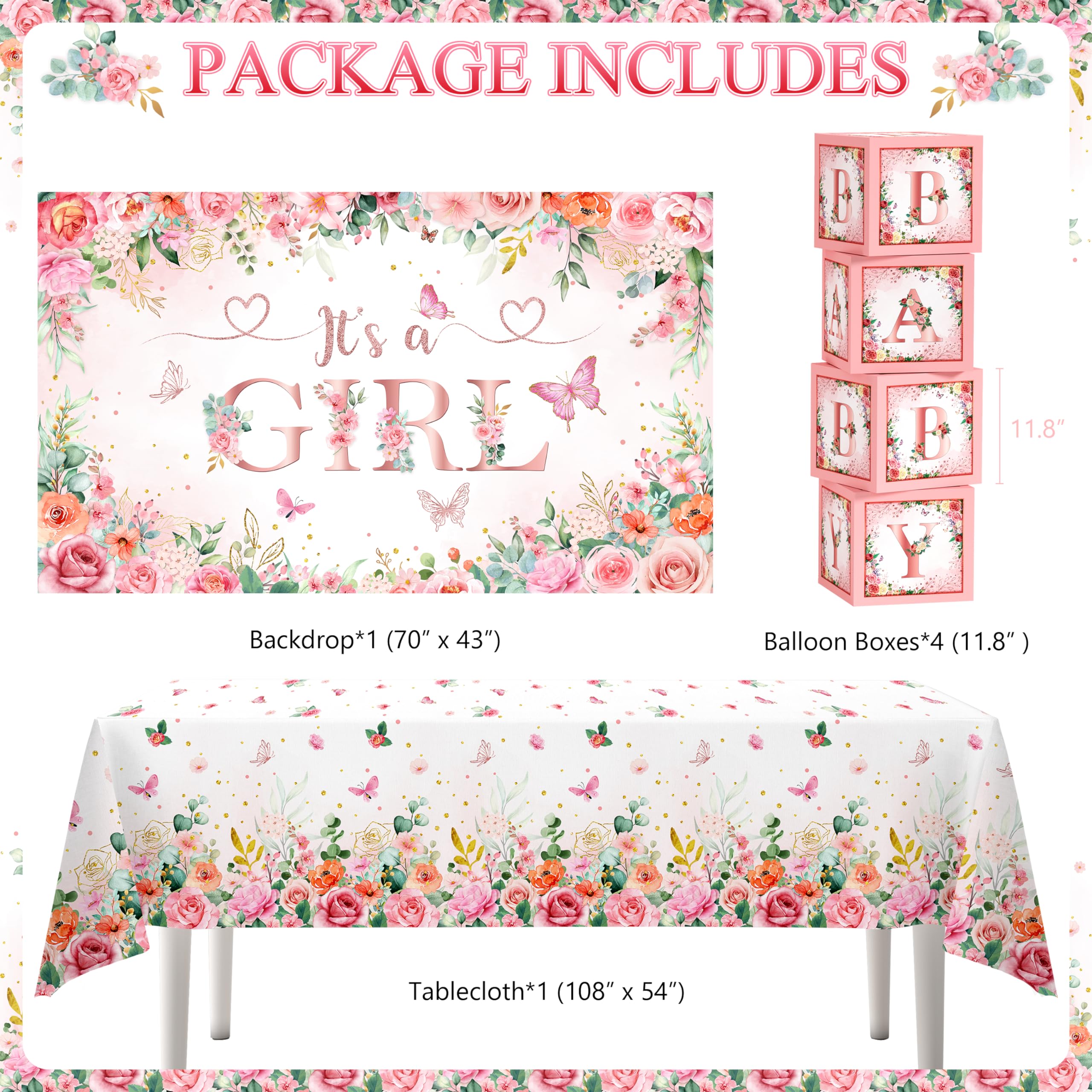 WHYMEO Baby Girl foil balloon creates a festive focal point.