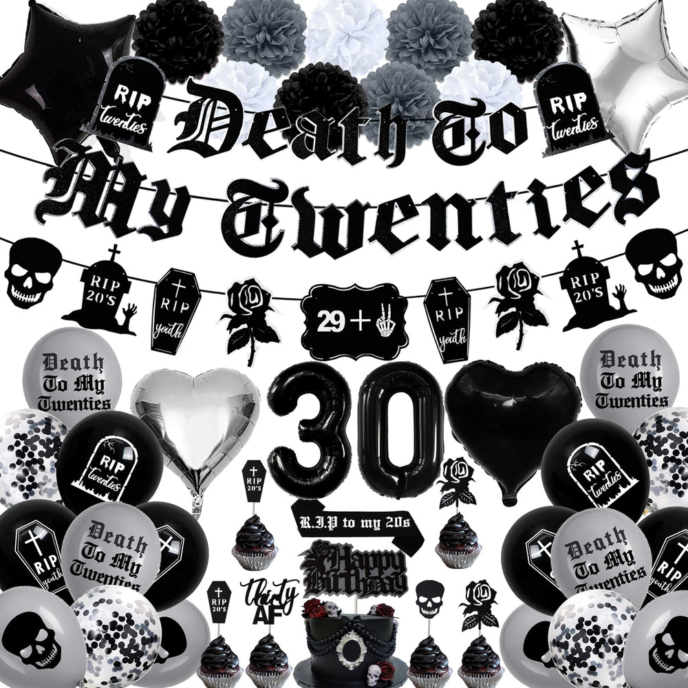 WHYMEO death to my twenties banner for reusable black-themed decor.
