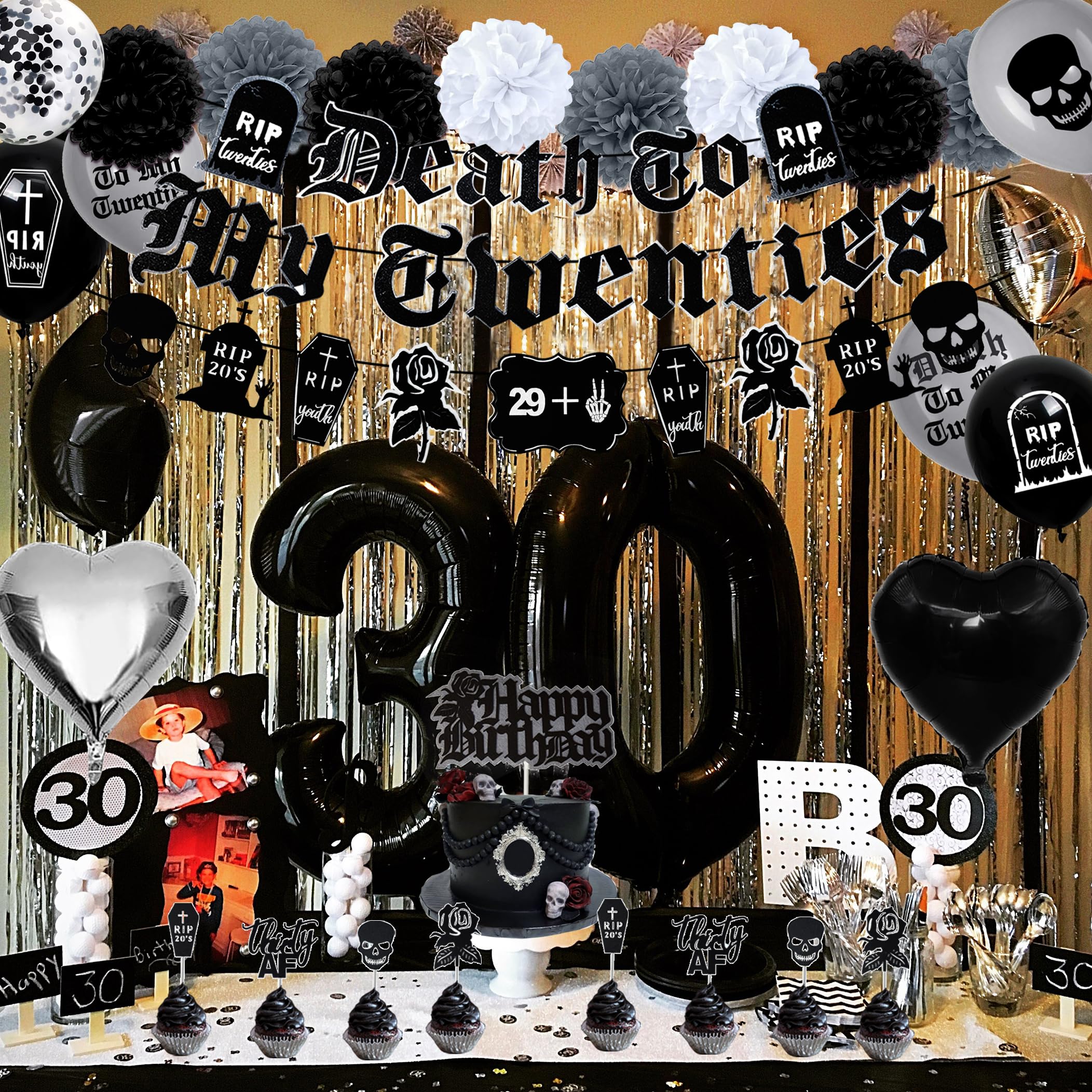 WHYMEO foil balloons pack brightens a black-themed celebration.