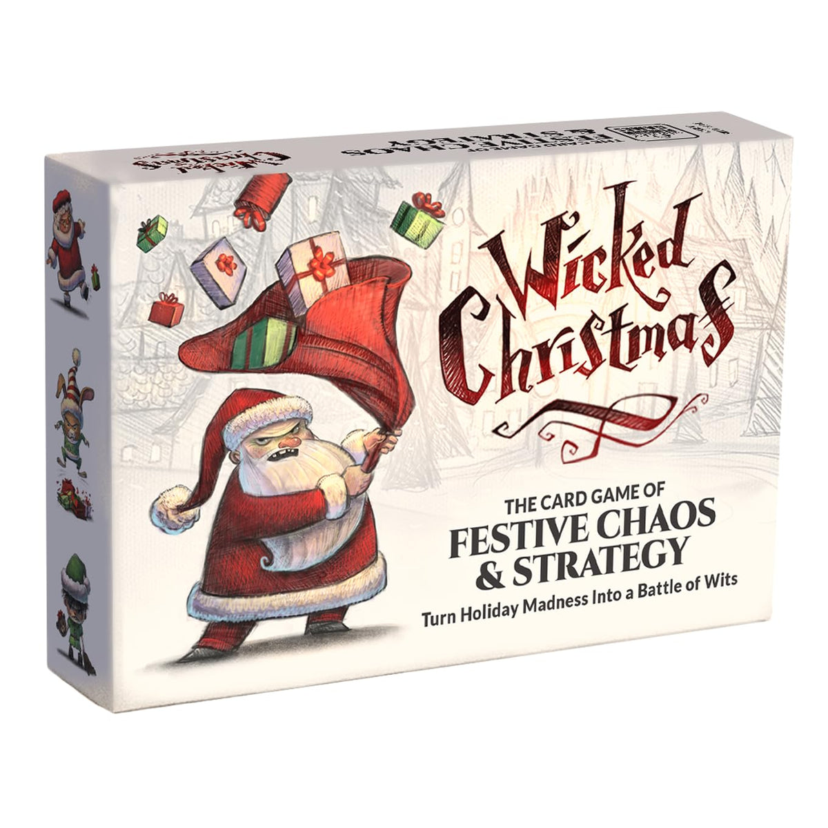 Wicked Christmas card game unboxing shows compact packaging for easy holiday fun.