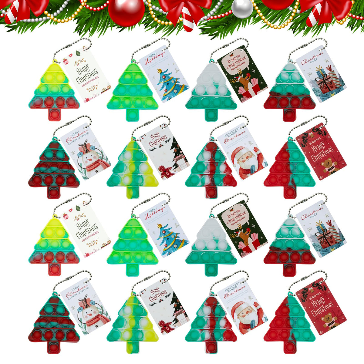 Widiso 16Pcs Mini Pop Keychain Bubbles as a Christmas ornament and portable fidget.