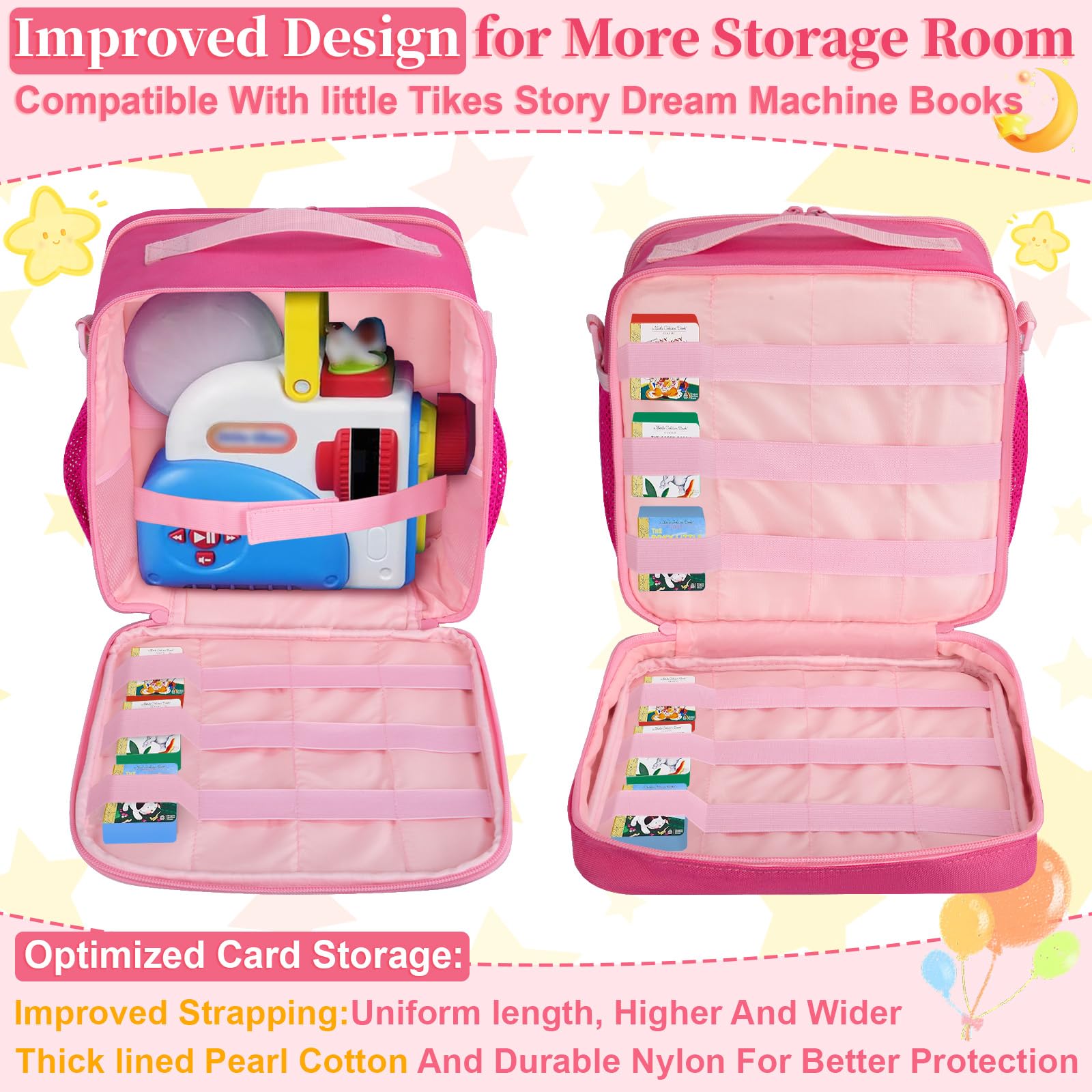 Wigojoy pink carrying case open compartments highlight front and back spaces for books