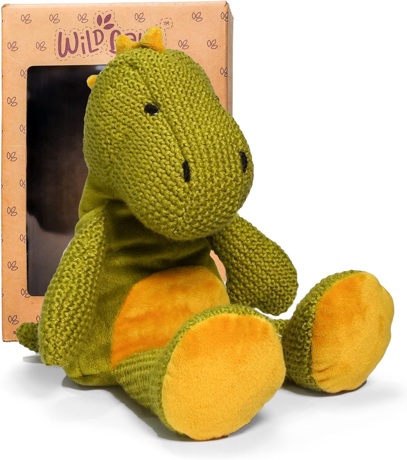 WILD BABY Dino plush heated for cozy warmth during bedtime.