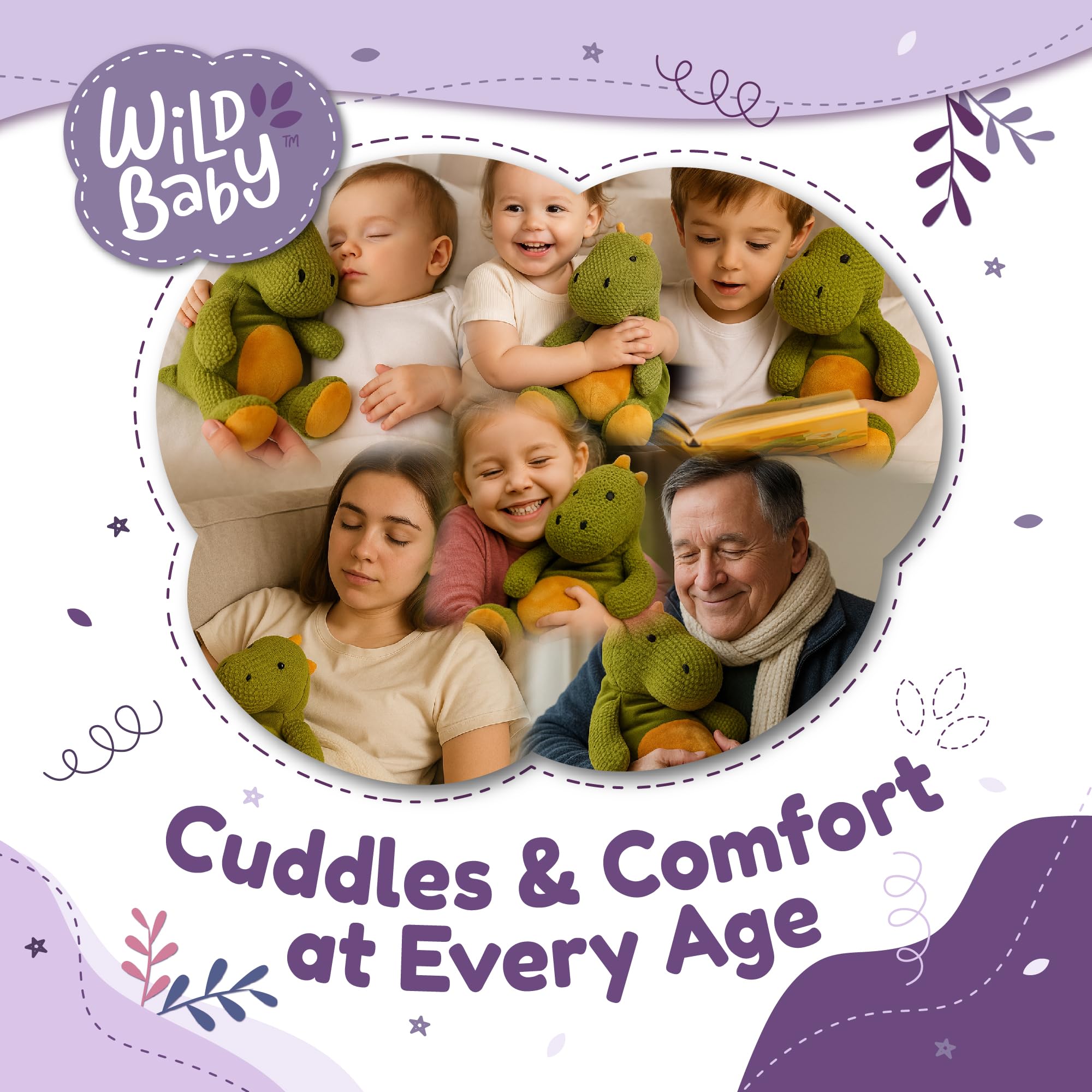 WILD BABY Dino plush travels as a comforting snuggle buddy.