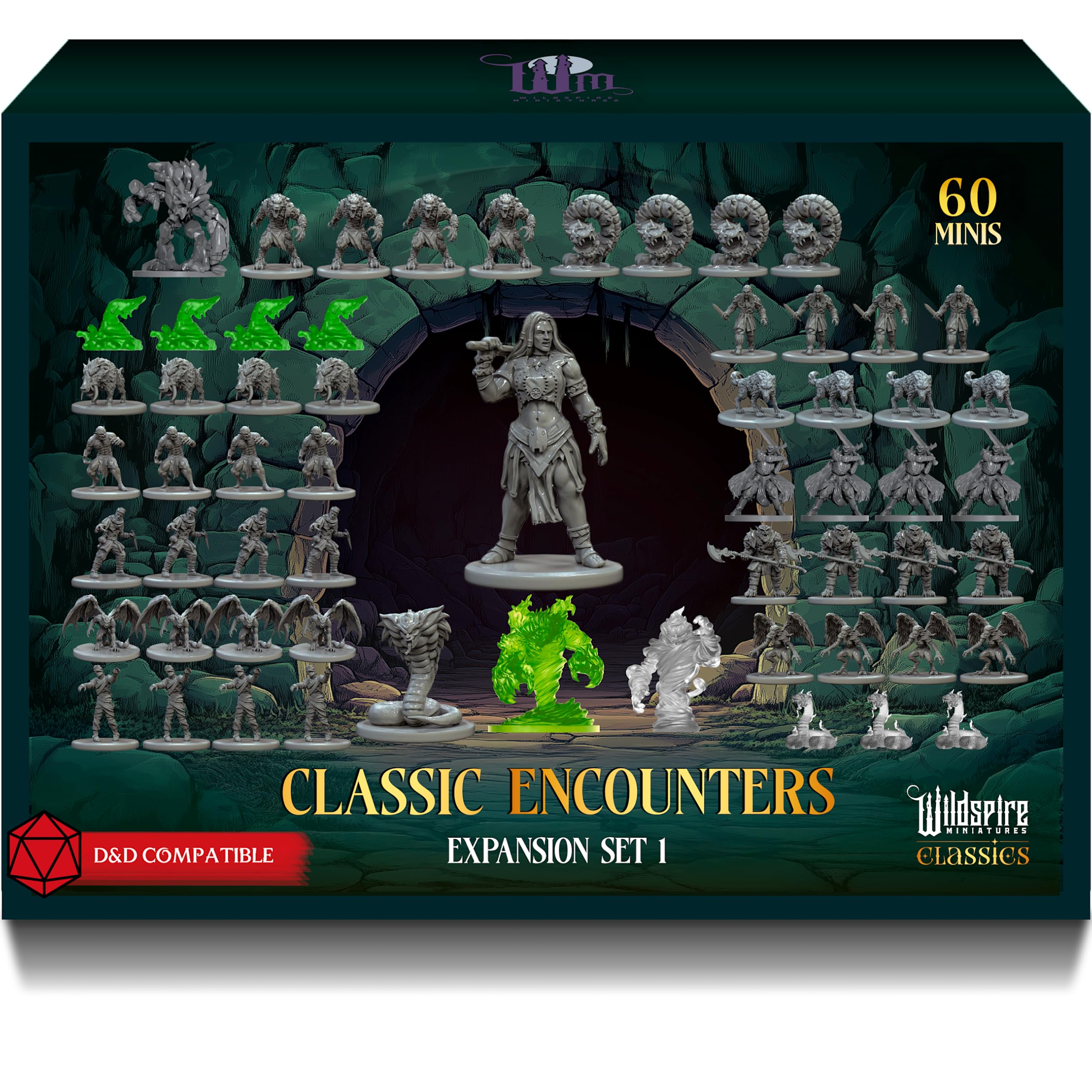 Wildspire Classic Encounters Set I front view: 60 unpainted minis for tabletop battles