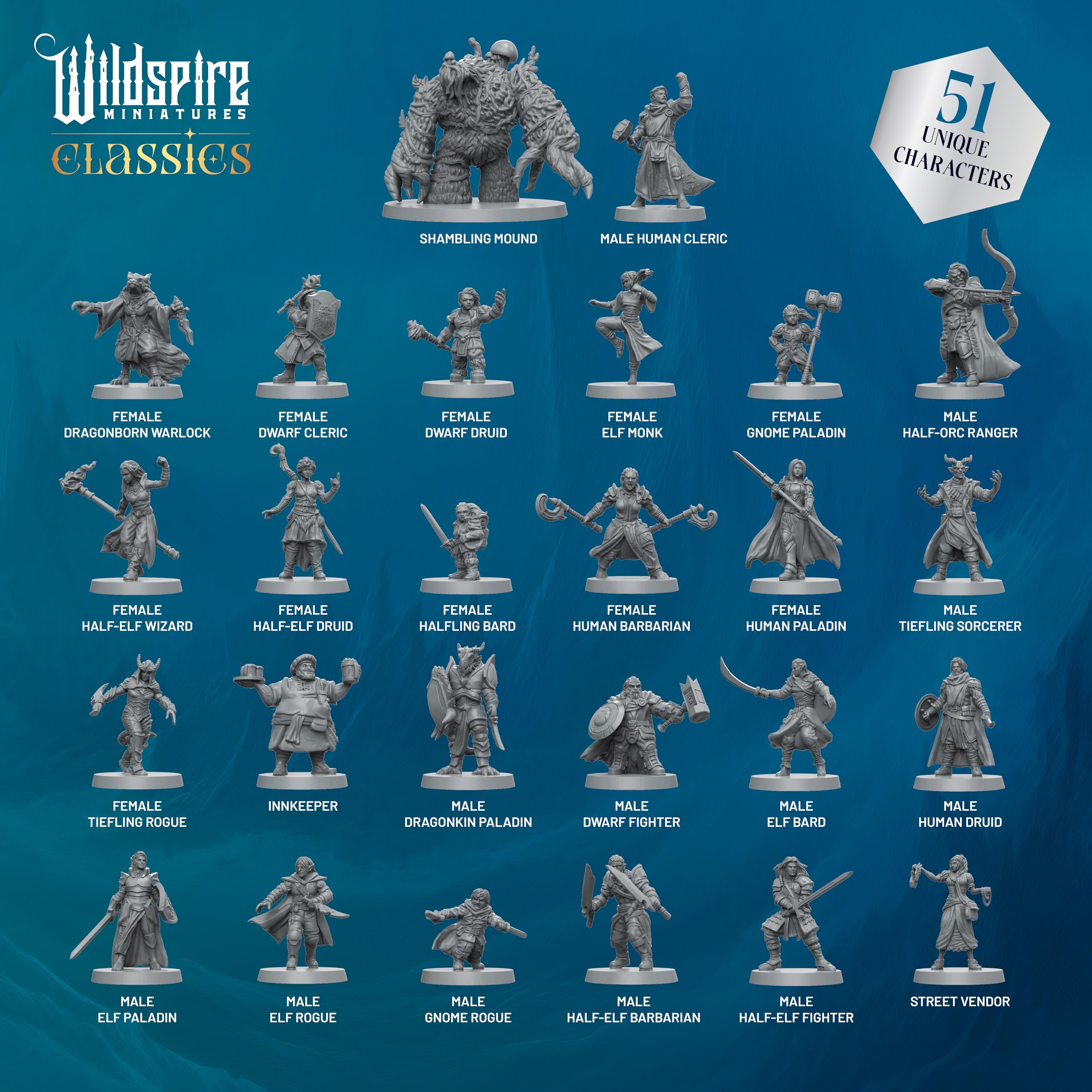 Wildspire Classic Heroes Unpainted miniatures collection ready for painting.