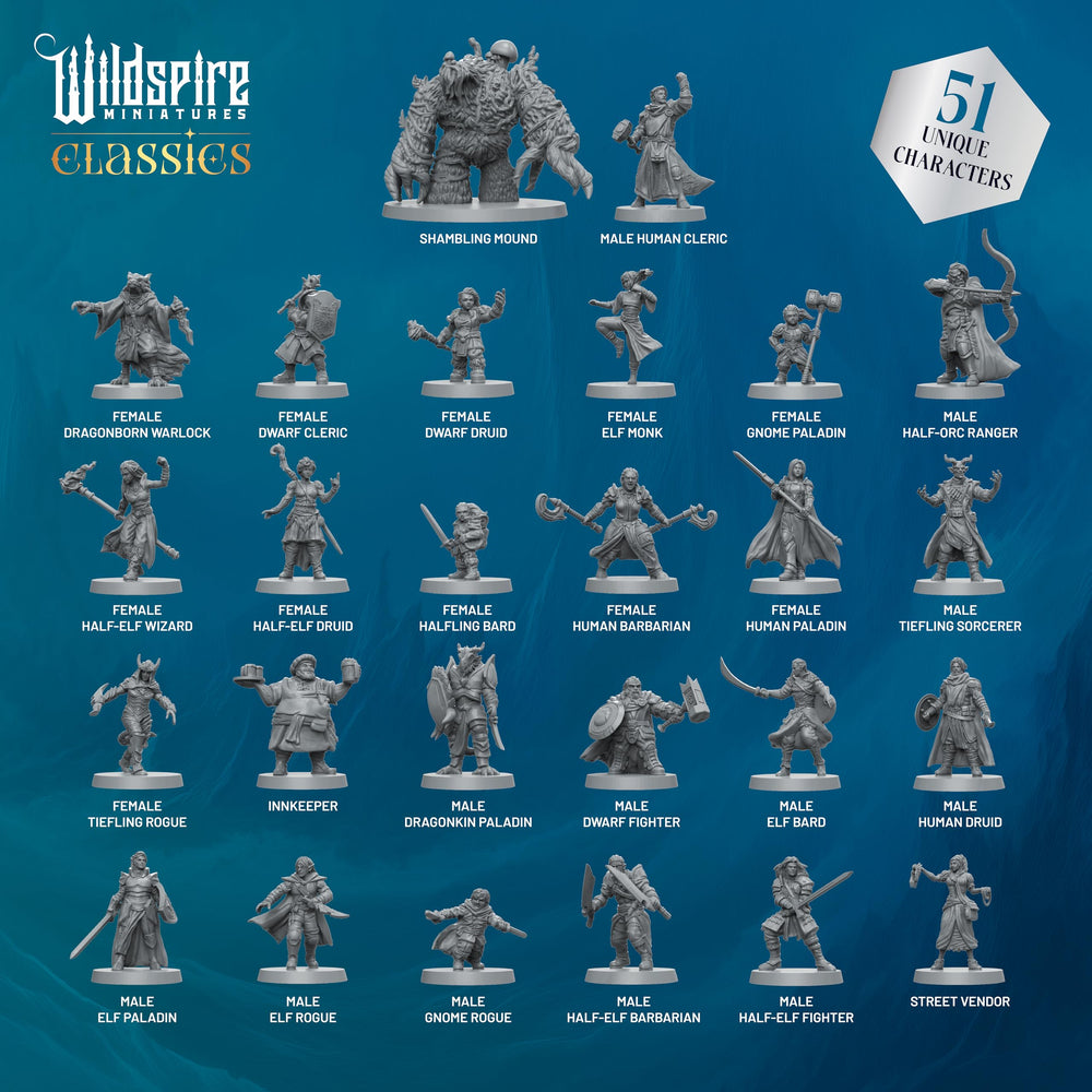 Wildspire Classic Heroes Unpainted miniatures collection ready for painting.