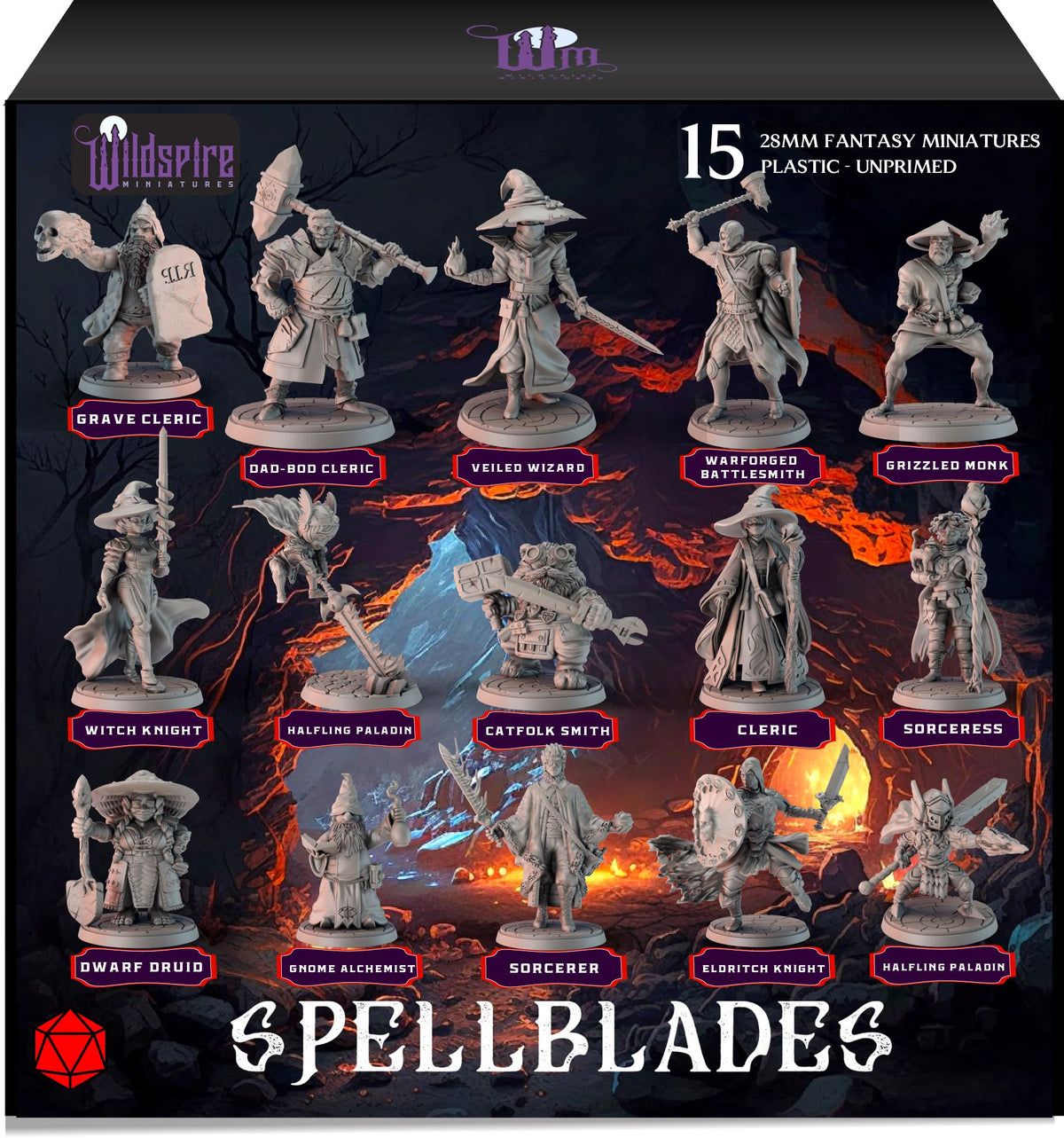 Wildspire Spellblades box front with unpainted minis ready for painting.