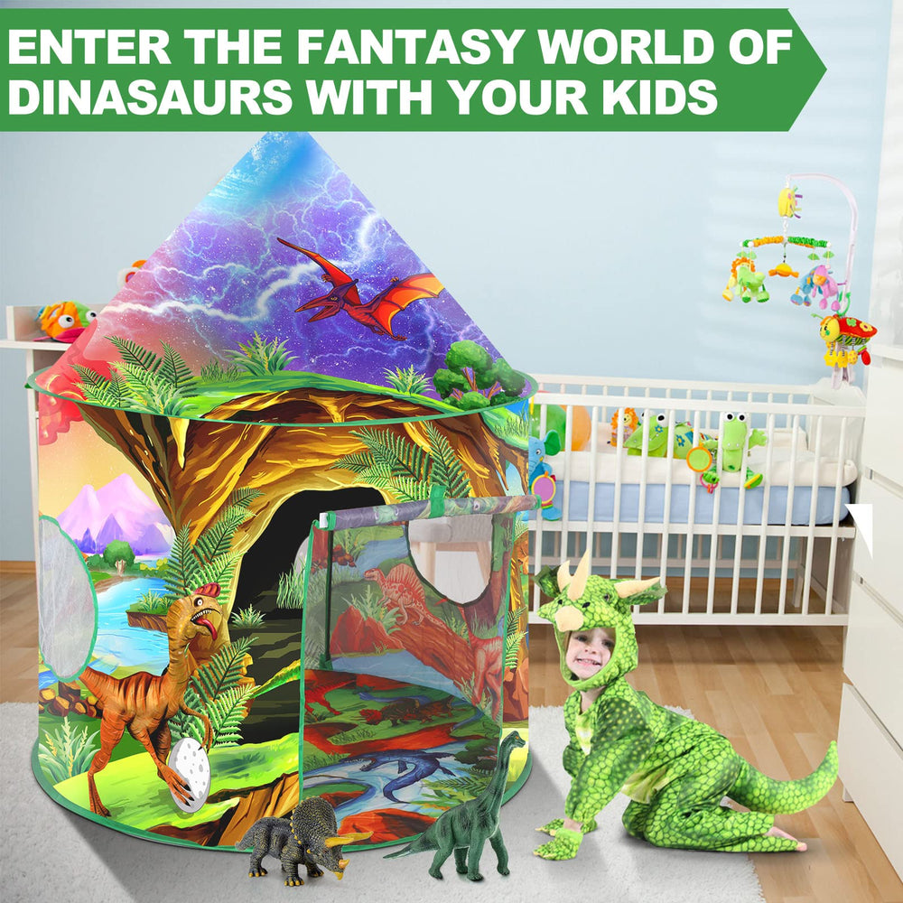WillingHeart Dino tent interior with vivid patterns, perfect for cooperative pretend play