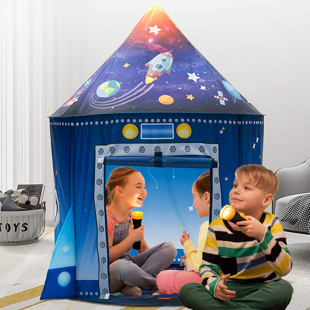 WillingHeart rocket tent interior with kids pretending astronauts