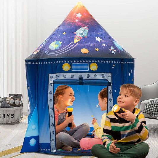 WillingHeart rocket tent interior with kids pretending astronauts