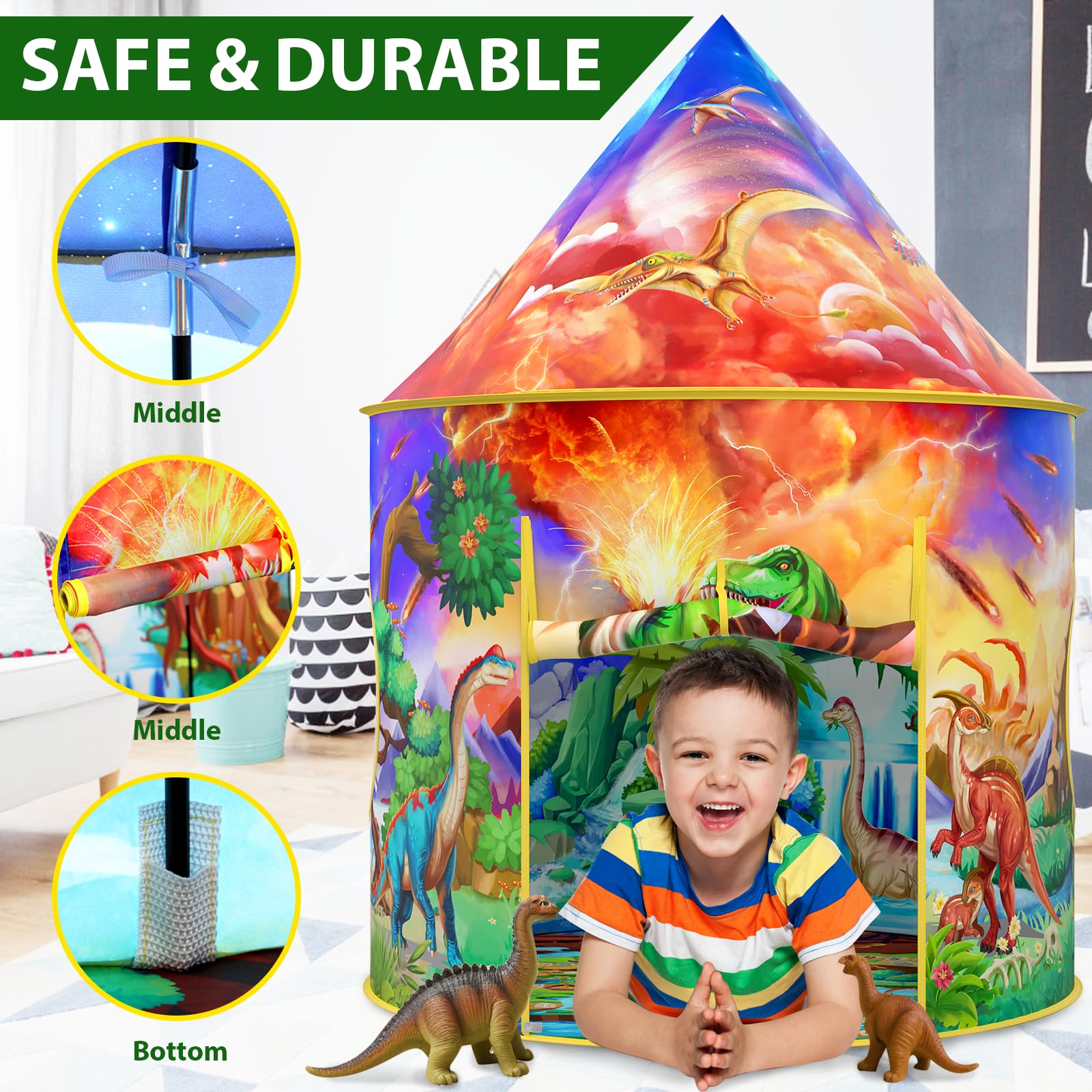 Wilwolfer dinosaur tent interior view shows breathable fabric and safety