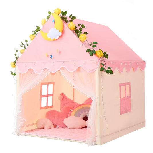 Wilwolfer pink kid tent with mesh windows for imaginative play and ventilation.