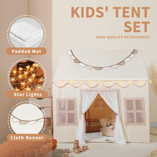 Wilwolfer large kids tent beige with star lights creates magical nighttime ambience.
