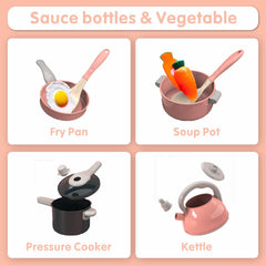 Winbar plates and dishes for pretend meals in the pink play kitchen