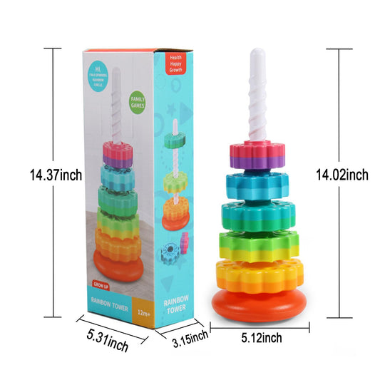 Winbar rainbow rotating tower assembly showcases stacking challenge and hand-eye coordination benefits.