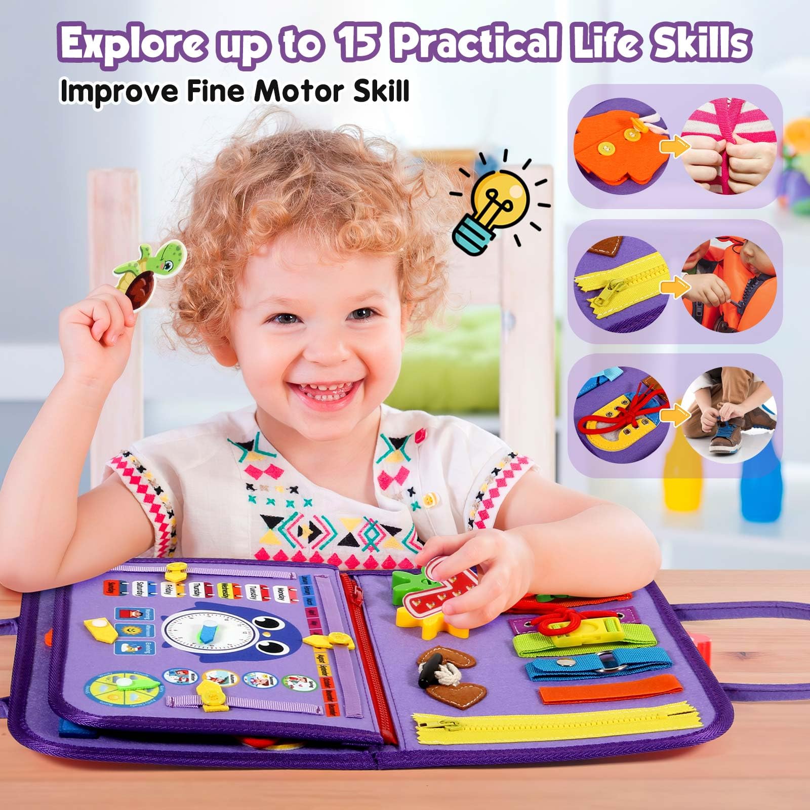 Winblo Busy Board dress-skills page encourages dressing practice and autonomy.