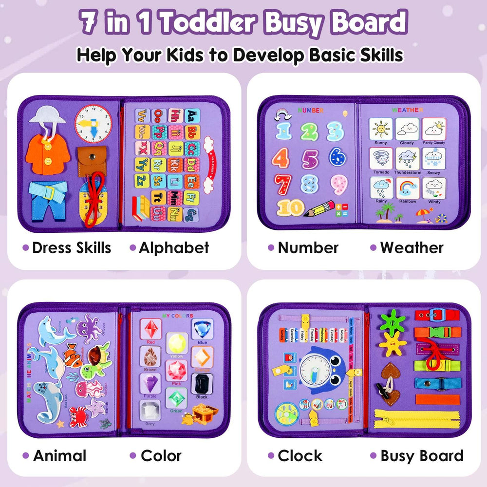 Winblo Toddler Busy Board inside pages highlight 26 activities for hands-on learning.