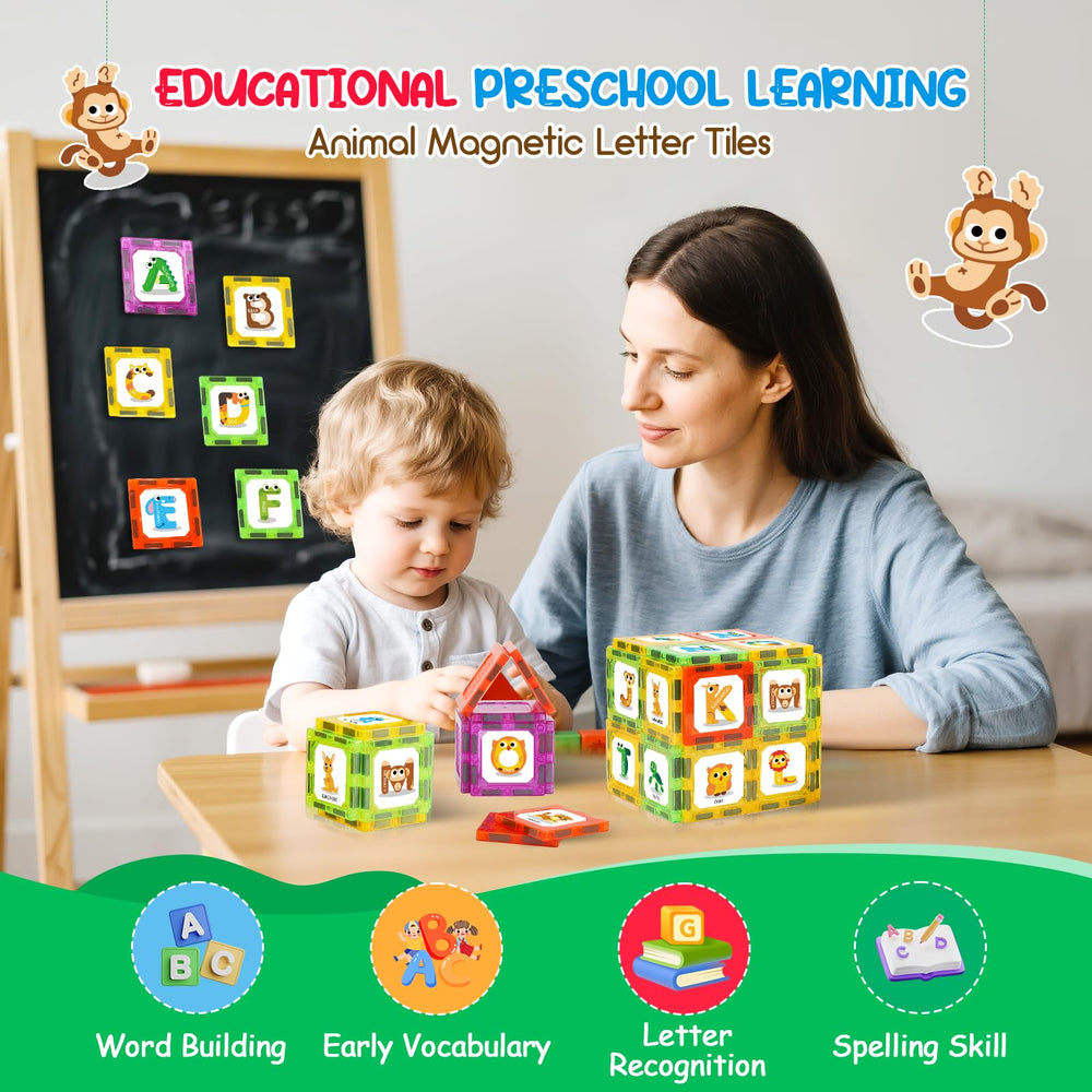Windidi double-sided magnetic letters let kids connect letters with words during play.