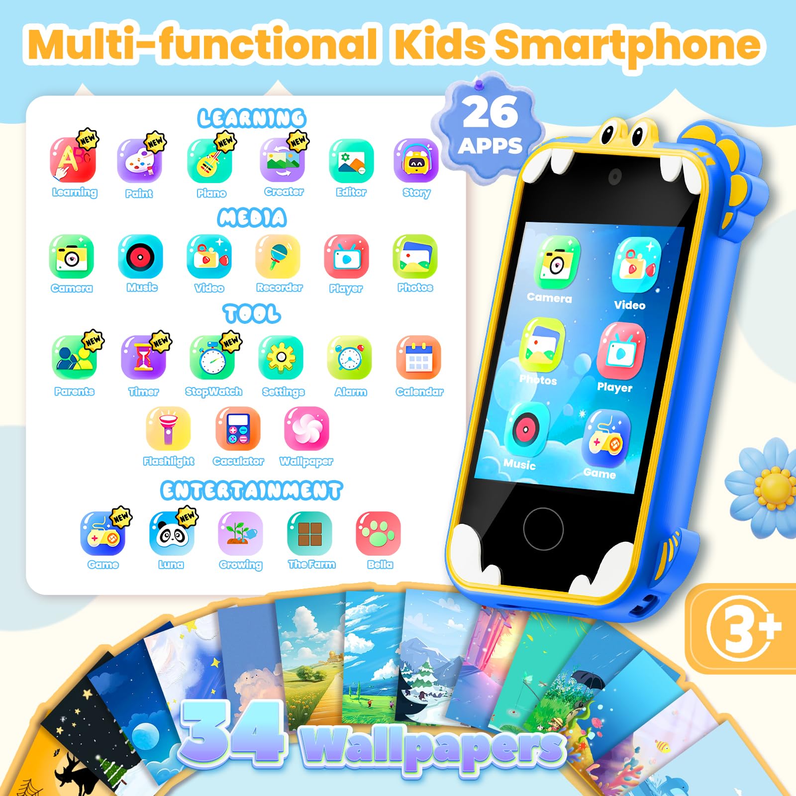 Windpaint Kids Phone blue dual cameras capture memories safely.
