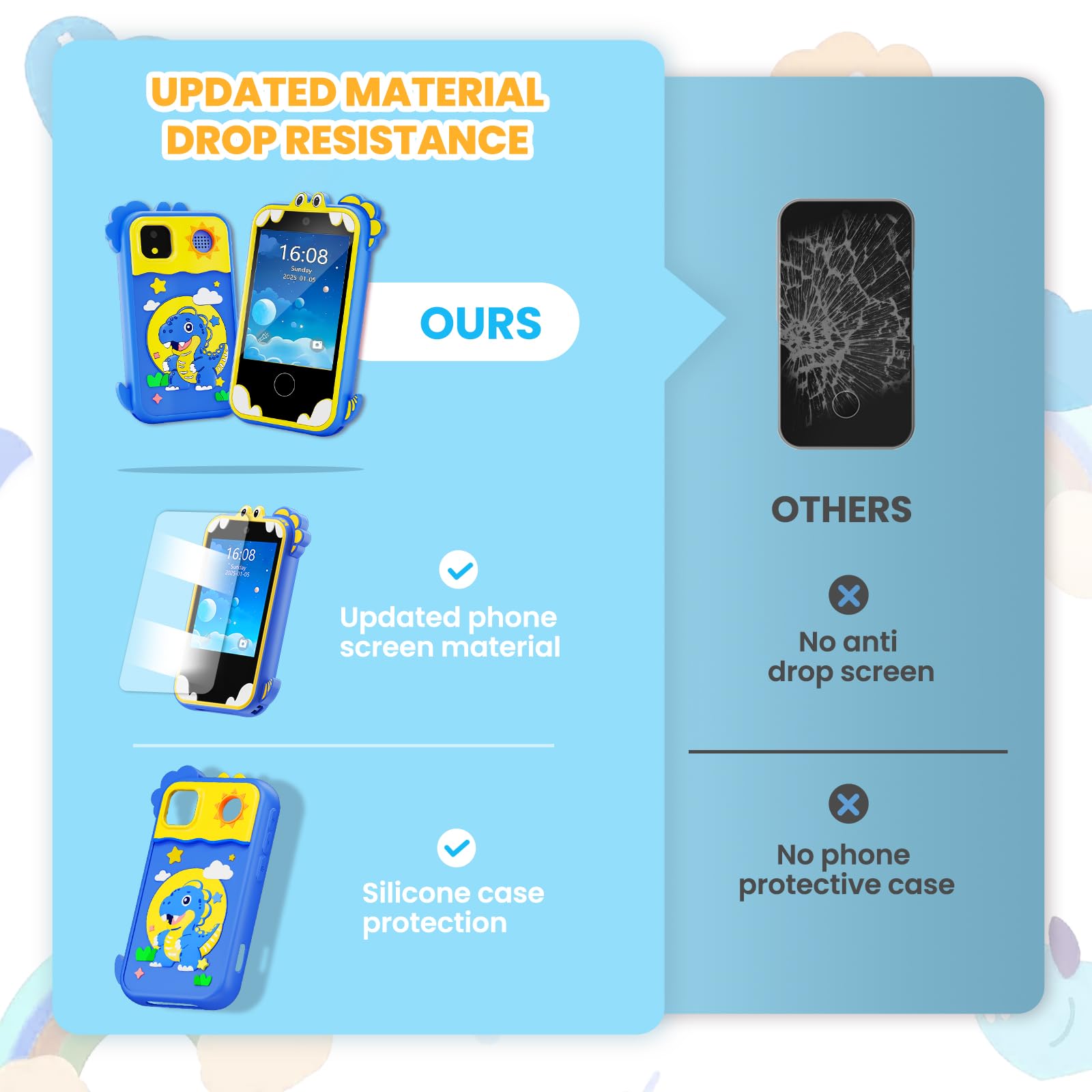 Windpaint Kids Phone blue silicone case protects against drops.