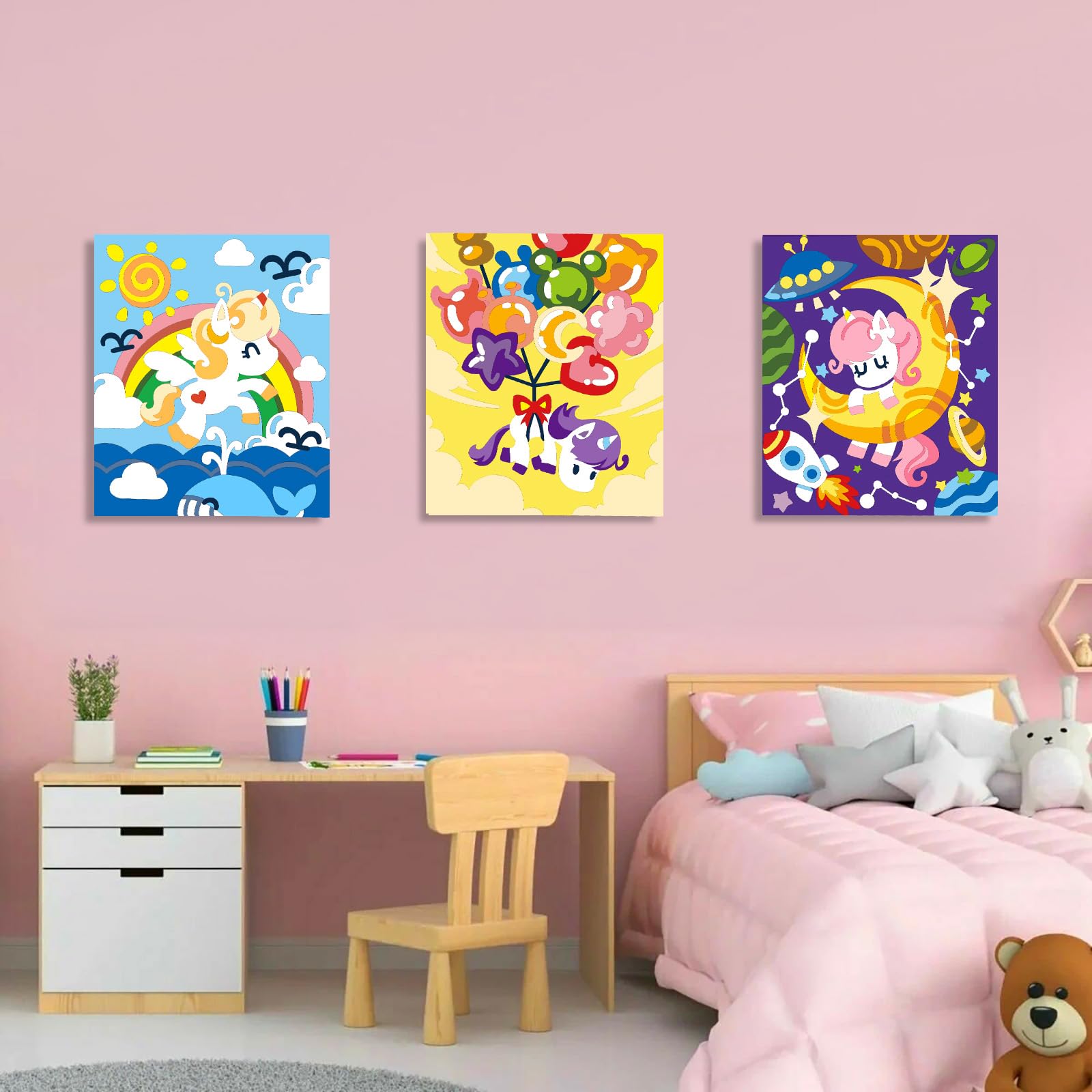 Wings Giant Unicorn Paint-by-Numbers Kit includes three 8x10 canvases to complete.