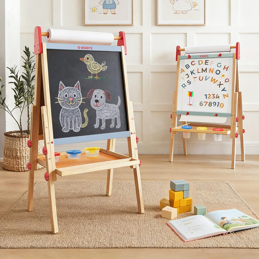 Wingyz Easel with double-sided chalkboard and magnetic whiteboard for versatile learning at home.