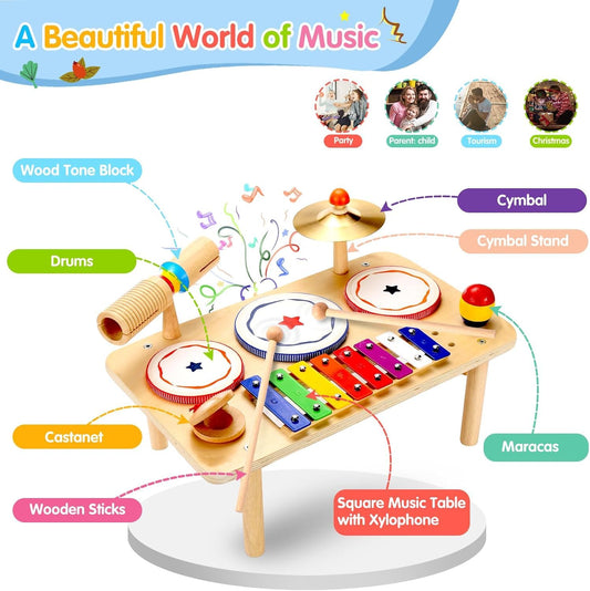 Wingyz wooden drum table with xylophone showcased for colorful music sessions