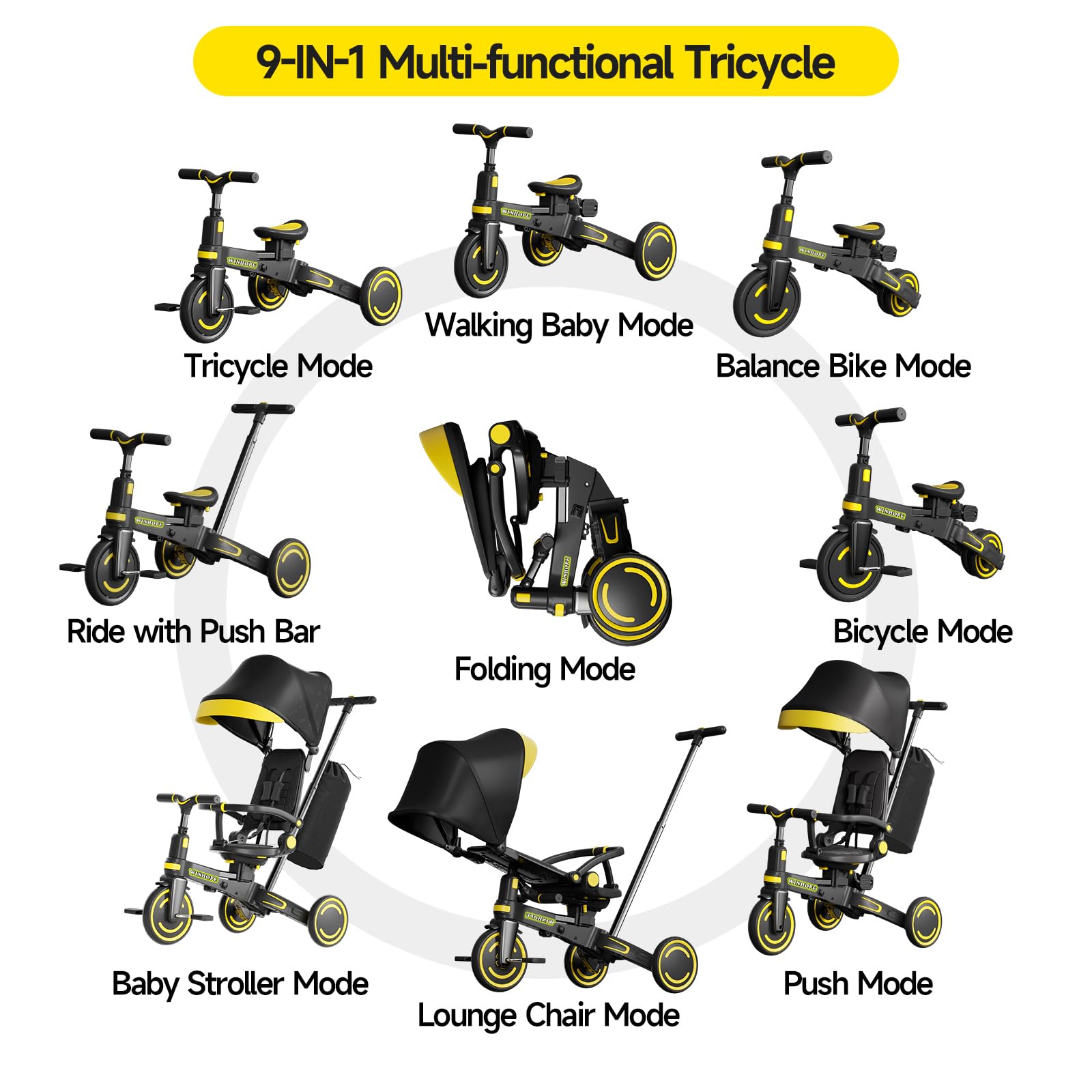 WinHope 9-in-1 push tricycle adjustable handlebar fits growing children for comfort.