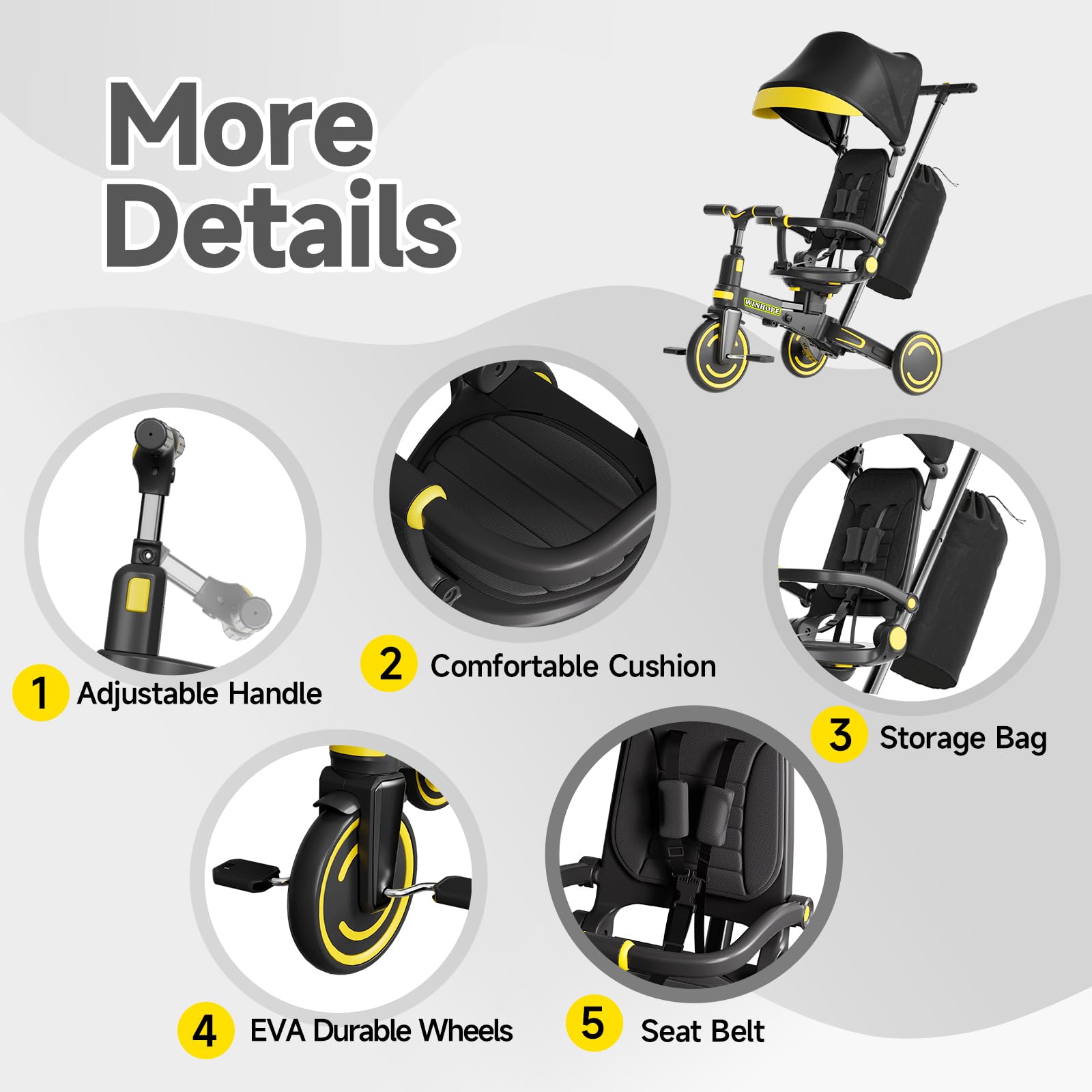 WinHope 9-in-1 push tricycle footrest supports correct foot placement during growing rides.